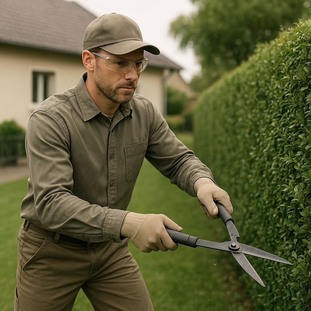 Gärtner beim Hecken- und Rasenschnitt in einem gepflegten Berliner Wohngarten