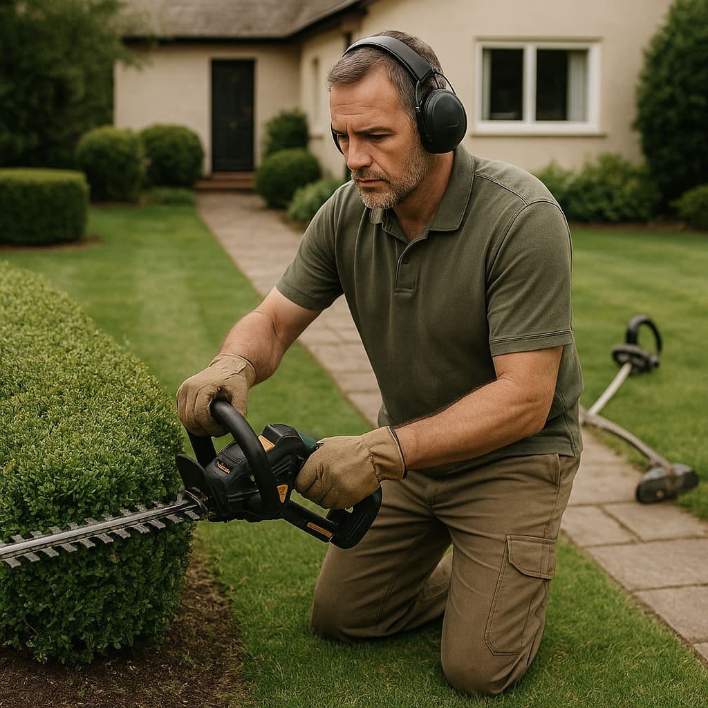 Gartenpflege mit Rasenkanten- und Heckenschnitt auf einer gepflegten Außenfläche
